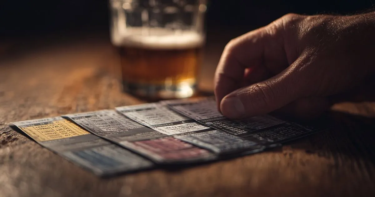 Main sélectionnant des tickets de paris sportifs sur une table en bois, avec un verre en arrière-plan dans une ambiance sombre.