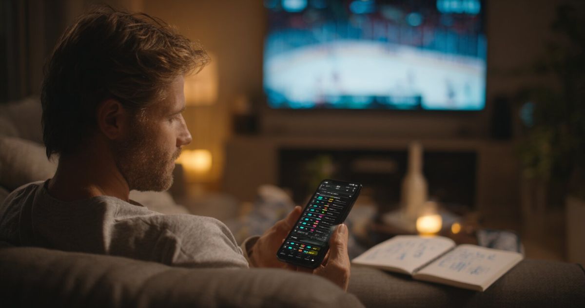 Man consulting sports betting odds on his smartphone while watching a hockey game on TV from a couch at night.
